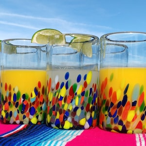 Hand Blown Drinking Glasses – Set of 6 Mexican Confetti Carmen Design Glasses (14 oz each)