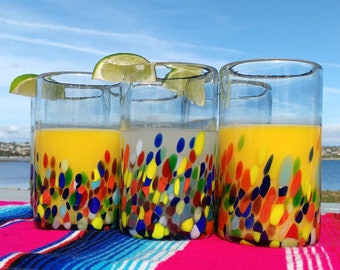 Hand Blown Drinking Glasses – Set of 6 Mexican Confetti Carmen Design Glasses (14 oz each)