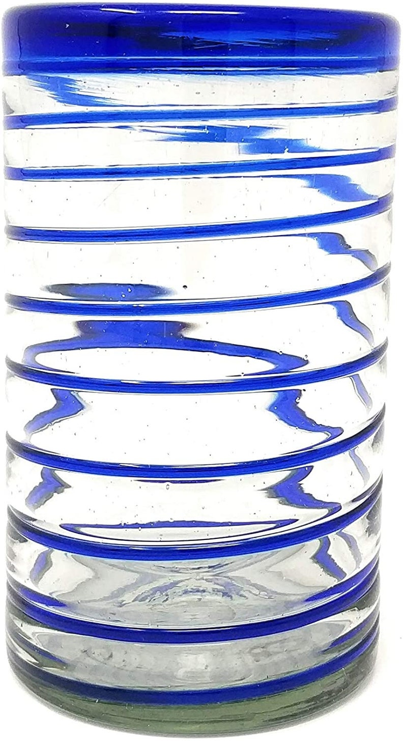 Hand Blown Mexican Drinking Glasses Set of 6 Glasses with Cobalt Blue Spiral Design 14 oz each image 5