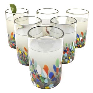 Hand Blown Drinking Glasses – Set of 6 Mexican Confetti Carmen Design Glasses (14 oz each)