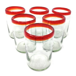 Hand Blown Mexican Drinking Glasses - Set of 6 Glasses with Red Rims (14 oz each)