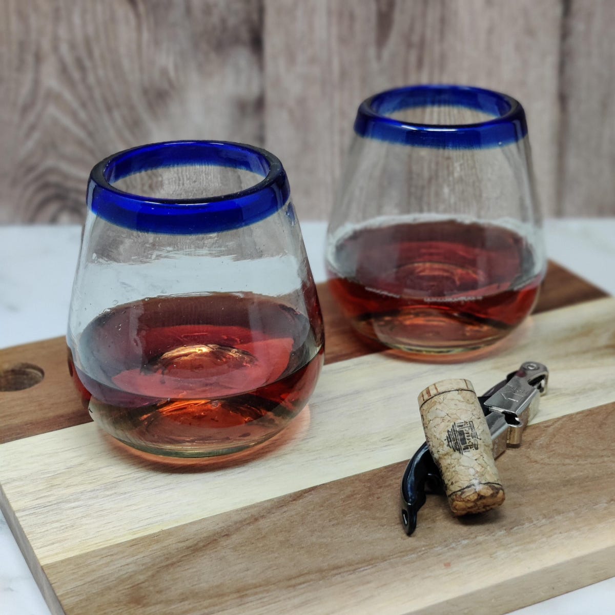Mexican Hand Blown Stemless Wine Glasses - Blue Rim - 15oz - Set of 2
