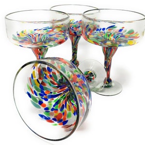 Hand Blown Glassware – Set of 4 Mexican Hand Blown Margarita Glasses Confetti Carmen (16 oz)