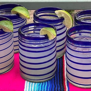Hand Blown Mexican Drinking Glasses Set of 6 Tumbler Glasses with Blue Spiral Design 10 oz each image 3