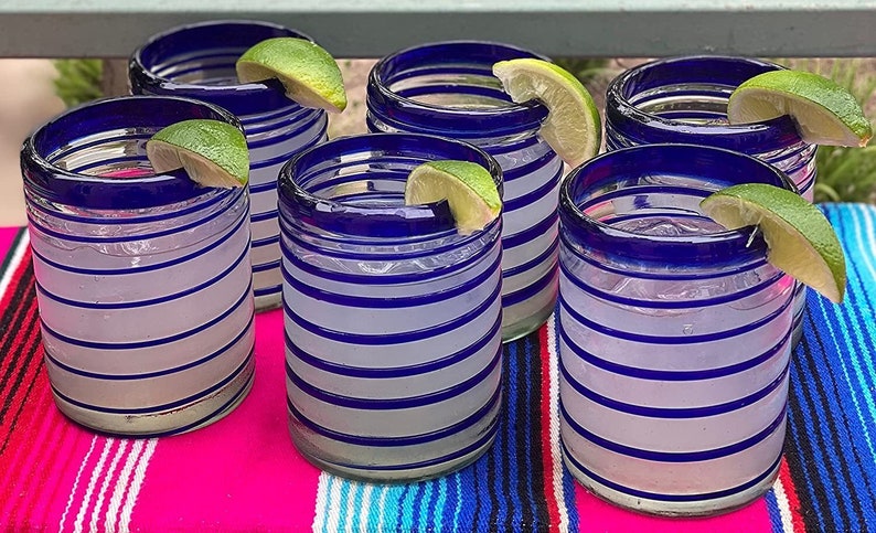 Hand Blown Mexican Drinking Glasses Set of 6 Tumbler Glasses with Blue Spiral Design 10 oz each image 3