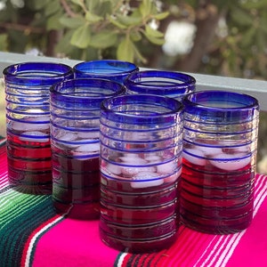 Hand Blown Mexican Drinking Glasses Set of 6 Glasses with Cobalt Blue Spiral Design 14 oz each image 6