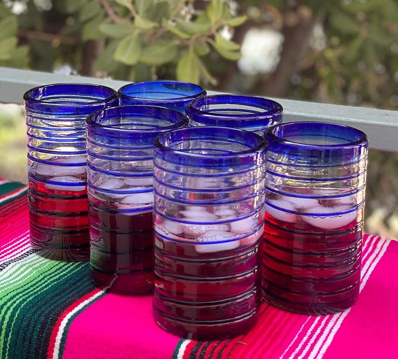 Hand Blown Mexican Drinking Glasses Set of 6 Glasses with Cobalt Blue Spiral Design 14 oz each image 6