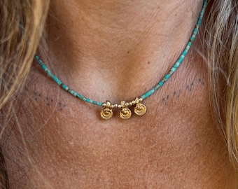 Handmade Turquoise Beaded Necklace with Brass Charm | Golden Charms | Turquoise Jewelry | Boho Jewellery | Beachy