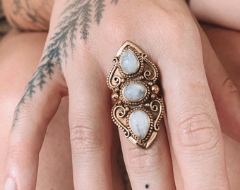 KIMAYA Ring • Brass Indian Moonstone Ring | Gemstone Ring | Moonstone Jewellery | Raw Brass Jewelry | Bohemian | Hippie | Statement Ring