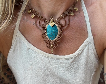 Handmade Azurite Macrame Pendant Necklace | Brass Charms | Bohemian | Tribal | Hippie Jewellery | Azurite Jewelry