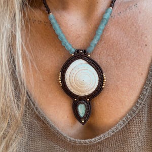 Handmade Shell, Larimar & Recycled Glass Bead Macrame Necklace | Bohemian | Beachy Jewelry | Shell Pendant | Ocean Jewellery | Mermaid