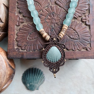 Handmade Shell, Coconut Bead & Recycled Glass Bead Macrame Necklace | Bohemian | Beachy Jewelry | Shell Pendant | Ocean Jewellery | Mermaid