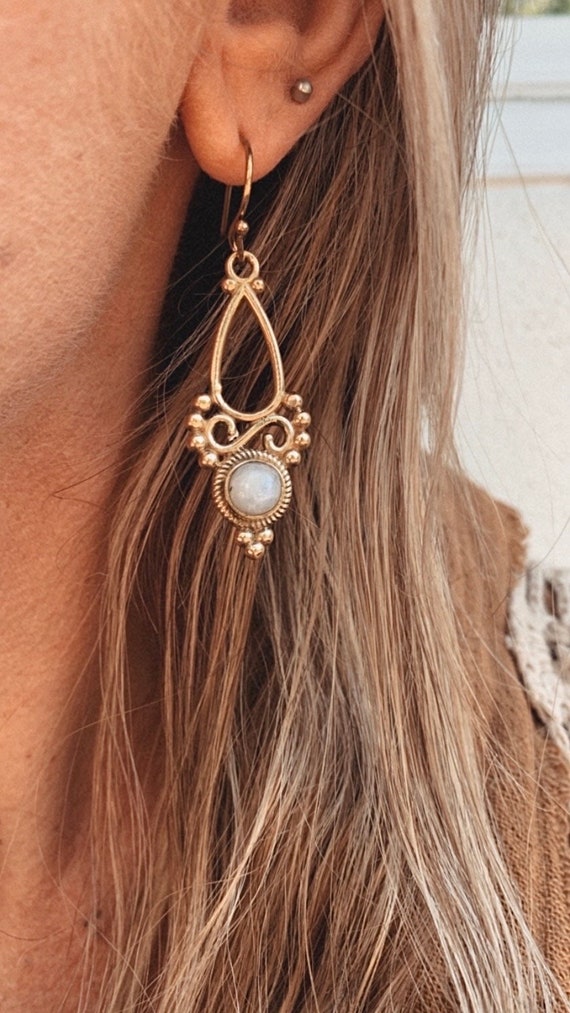 Beautiful Indian Brass Moonstone Earrings | Bohemian | Boho Earrings | Brass Jewellery | Boho | Moonstone Jewelry | Hippie | Tribal