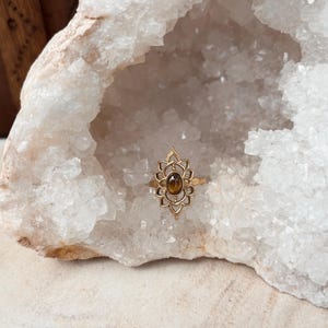 K&ouml;nnte beinhalten: Ein goldfarbener Ring mit einem ovalen, braunen Edelstein in der Mitte eines komplexen, symmetrischen Metallrahmens, der mit spitz zulaufenden, bl&uuml;tenblattartigen Aussparungen um die zentrale Fassung versehen ist.