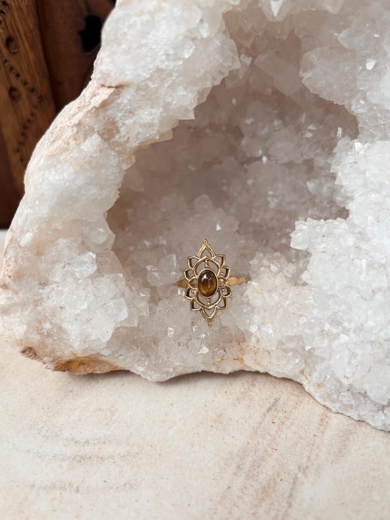 K&ouml;nnte beinhalten: Ein goldfarbener Ring mit einem ovalen, braunen Edelstein in der Mitte eines komplexen, symmetrischen Metallrahmens, der mit spitz zulaufenden, bl&uuml;tenblattartigen Aussparungen um die zentrale Fassung versehen ist.