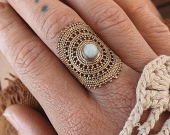 MANDALA Ring • Brass Indian Moonstone Ring | Raw Brass Mandala Ring | Bohemian | Moonstone Jewellery | Hippie | Boho | Moonstone Jewelry