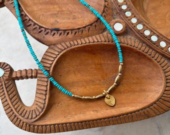 Handmade Blue Howlite Beaded Necklace with Brass Charm | Golden Charms | Blue Howlite Jewelry | Boho Jewellery | Beachy