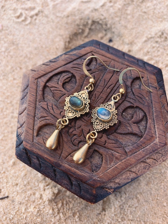 Handmade Brass Labradorite Earrings | Bohemian | Droplet Earrings | Brass Jewellery | Boho | Labradorite Jewelry | Hippie | Tribal
