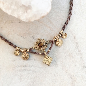 Handmade Tigers Eye Macrame Necklace | Brass Jewellery | Bohemian | Brass Charms | Boho Necklace | Hippie | Crystal Macrame