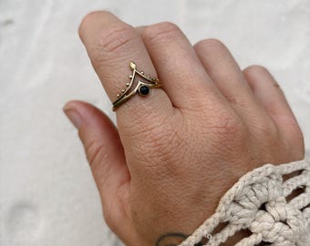 TRIKONA Ring | Brass Indian Black Onyx Ring | Black Onyx Jewellery | Raw Brass Jewelry | Bohemian | Hippie | Henna | Boho | Onyx Jewels