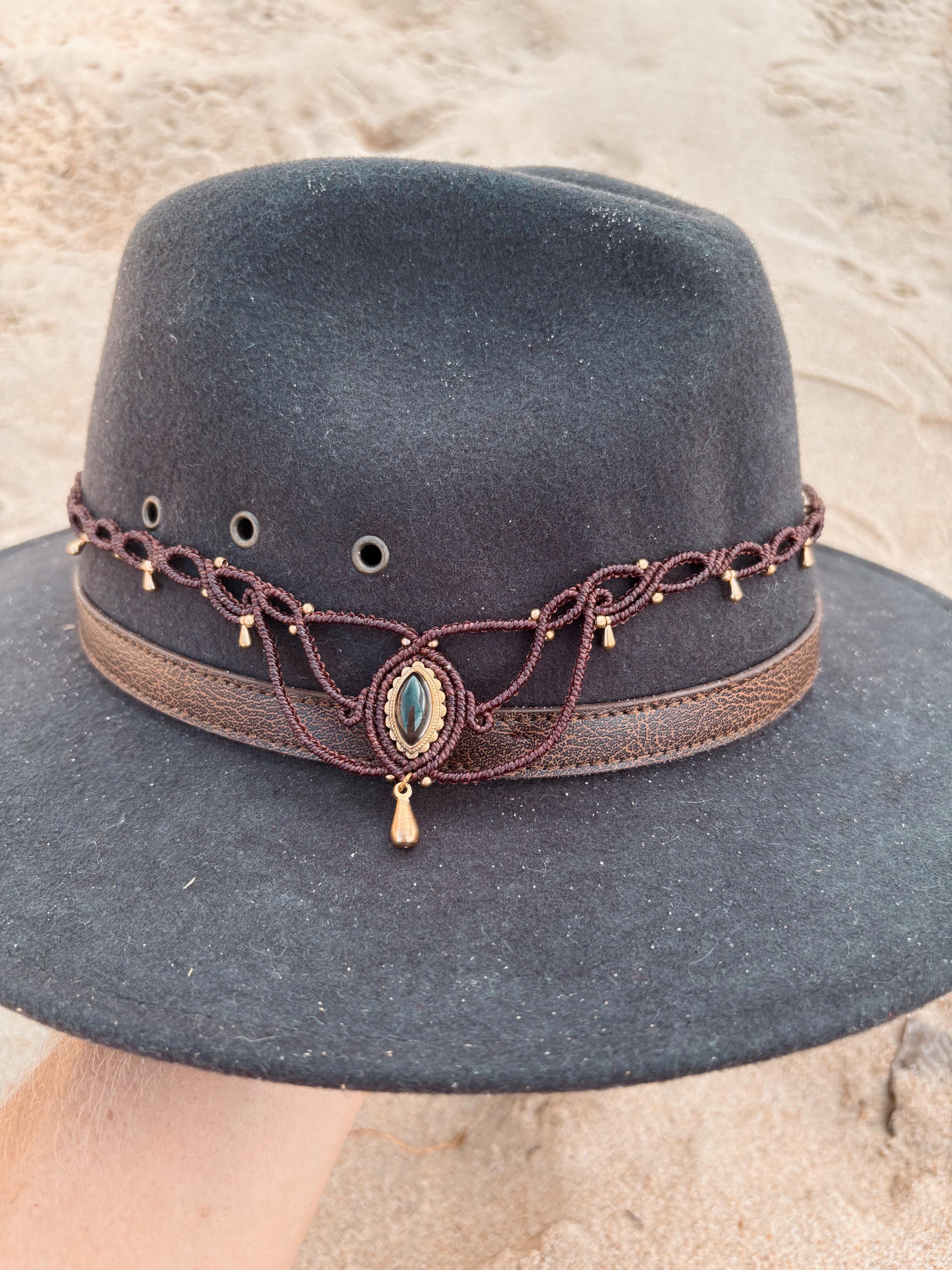 Smoky Quartz Macrame Hat Band Hat Accessories Micro Macrame Hat Jewellery Brass Charms Crystal Macrame Hat Band Bohemian Beachy