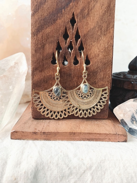Brass Labradorite Earrings | Tribal Jewellery | Bohemian | Gypsy Earrings | Hippie | Labradorite Jewelry