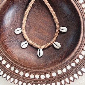 Handmade Wooden Beaded Necklace with Cowrie Shells | Bohemian | Hippie | Boho | Dainty Beaded Jewellery | Earthy | Beachy