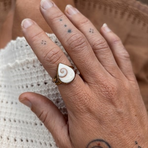 May include: A gold-toned ring featuring a teardrop-shaped setting with a white and brown spiral shell inlay. The band is constructed from two thin, parallel metal wires that meet at the base of the central shell component.
