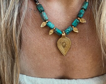 Handmade Chrysocolla & Wooden Bead Macrame Necklace | Bohemian | Chrysocolla Jewellery | Hippie | Macrame Jewelry | Boho | Gemstone Beads