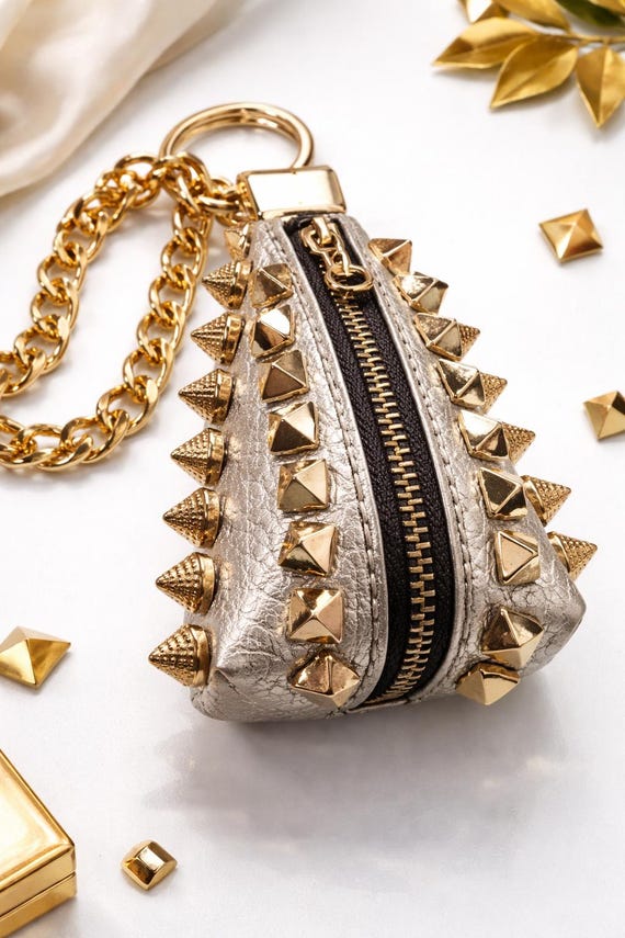 Luxury Studded Leather Bag Charm, Gold Chain Handbag  display picture 2