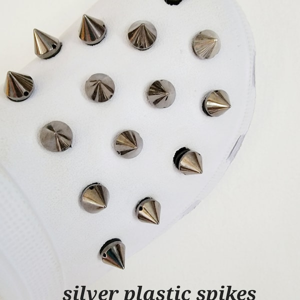 Spike Shoe Charm Set 10/26 pcs. Spikes charms. Silver Shoe charm. Gothic shoe charms. Silver plastic cone spikes. Short plastic spikes.