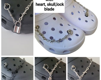 Silver barbed wire chain . Metal croc chain. Barware chain.Chain with lock,blade, heart,skull. Punk croc accessories. Gothic Shoe Charm Set.