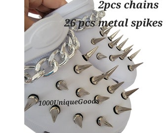 Gothic Croc Charm - Silver Chain Shoe Accessories with Heavy Metal Spike Rivets - Edgy Gothic Style Charms Set