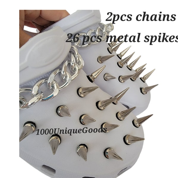 Gothic Croc Charm - Silver Chain Shoe Accessories with Heavy Metal Spike Rivets - Edgy Gothic Style Charms Set
