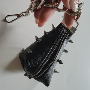 Spiked Faux Leather Car Key Pouch: Wristlet Keychain Coin Purse