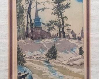 Signed Nicholas Hornyansky Aquatint Icebound Creek Mid-Century Canadian Landscape Print Signed by Artist