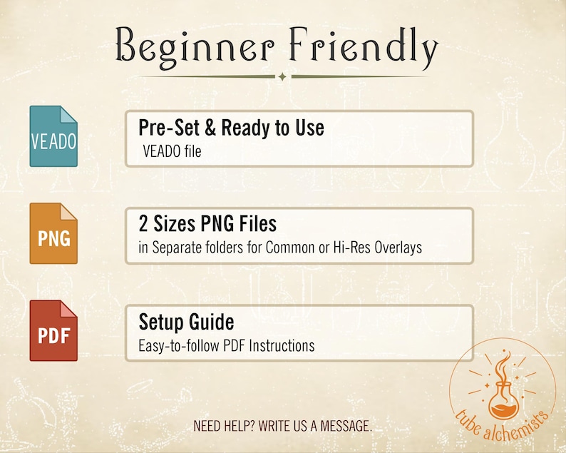 May include: A digital product listing titled Beginner Friendly featuring three file types: a teal VEADO file, an orange PNG file for two sizes, and a red PDF setup guide. The bottom right corner displays a circular logo with a flask and the text tube alchemists.