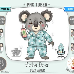 May include: A digital illustration of a koala character wearing light blue pajamas with a white flower and leaf pattern. The koala holds a boba tea drink, wears wired earbuds, and is accompanied by a gaming chair and four facial expressions.