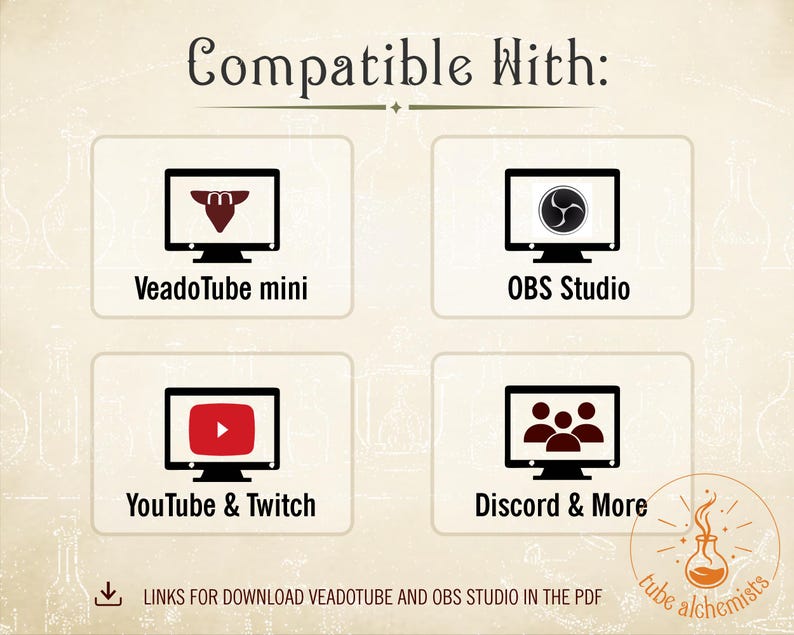 May include: A beige informational graphic titled Compatible With featuring four black computer monitor icons. The icons display logos for VeadoTube mini, OBS Studio, YouTube & Twitch, and Discord & More. A download icon and text about links are at the bottom.