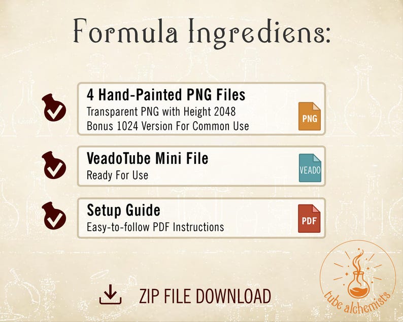 May include: A digital product information graphic titled Formula Ingredients listing 4 Hand-Painted PNG Files, a VeadoTube Mini File, and a Setup Guide. Icons include a dark red flask with a checkmark, file type icons, and a ZIP file download icon.