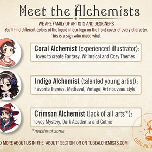 May include: An informational graphic titled Meet the Alchemists featuring three circular character portraits. The text lists Coral Alchemist, Indigo Alchemist, and Crimson Alchemist with descriptions of their artistic interests and a logo at the bottom.