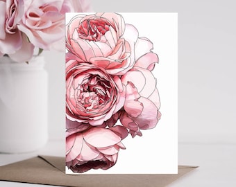 Blank 5x7 pink peonies greeting card | Hand-drawn digital download art card | Just because notecard | Stationary & gifts for her | A7 size