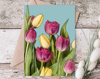 Blank 5x7 pink yellow tulips greeting card | Hand-drawn digital download art | Colorful bright stationary | Just because notecard | A7 size