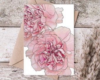 Blank 5x7 pink peonies greeting card | Hand-drawn digital download art card | Colorful floral bouquet | Just because notecard | A7 size