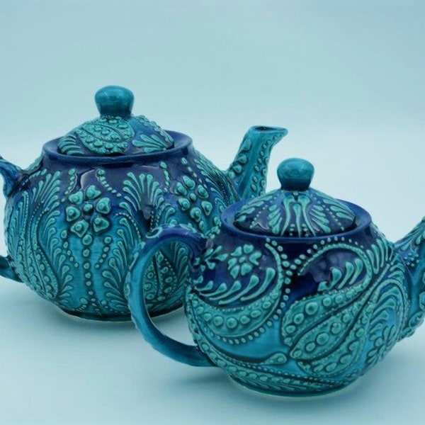 Ceramic Blue Teapot Organic Tea Pot Turkish Motif Unique Housewarming Gift Valentine's day Turquoise Colour Christmas Gift Mothers Day Gift