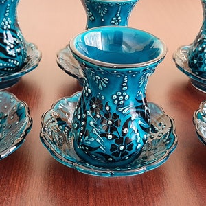 Juego de tazas de té de cerámica azul para regalo de Halloween Juego de tazas de té de cerámica con motivo turco Regalo de inauguración de la casa Color turquesa 6 piezas Porcelana