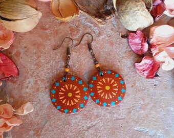 Handpainted wooden earrings, brown earrings, round dangle earrings, boho-hippie earrings, handmade gifts for her, handpainted jewelry women