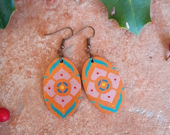 Bohemian wooden earrings, oriental style earrings, ethnic earrings woman, handmade jewelry, oval earrings for her, handpainted earrings