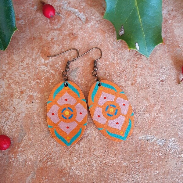 Bohemian wooden earrings, oriental style earrings, ethnic earrings woman, handmade jewelry, oval earrings for her, handpainted earrings