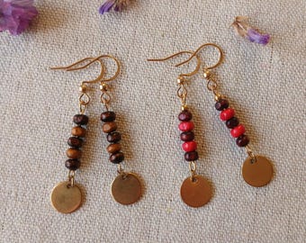 Boucles d'oreilles artisanales en bois grenat et rouge, boucles d'oreilles artisanales en bois ocre et marron, boucles d'oreilles bohèmes artisanales pour femmes